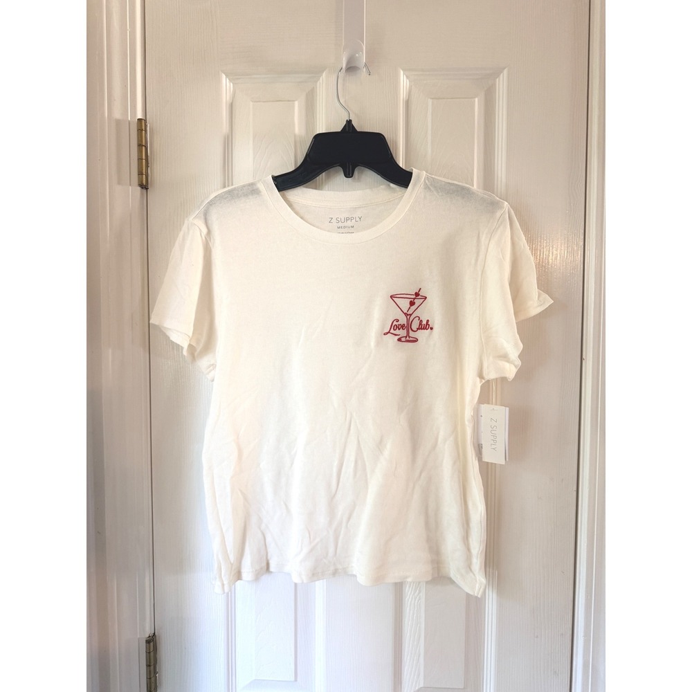 Z Supply Love Club Martini Embroidered Cotton Tee White GB243166S Medium
